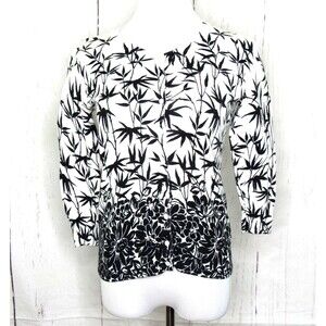 Talbots P S Button Up Cardigan Sweater Pima Cotton Black White Floral Leaves